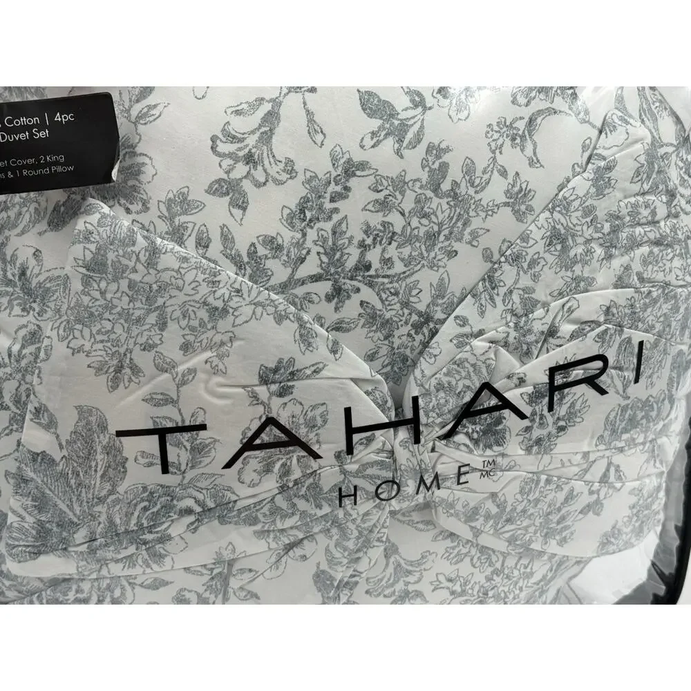 New Tahari Home 4PC KING Duvet Cover Steel Gray Shams Round Bow Pillow